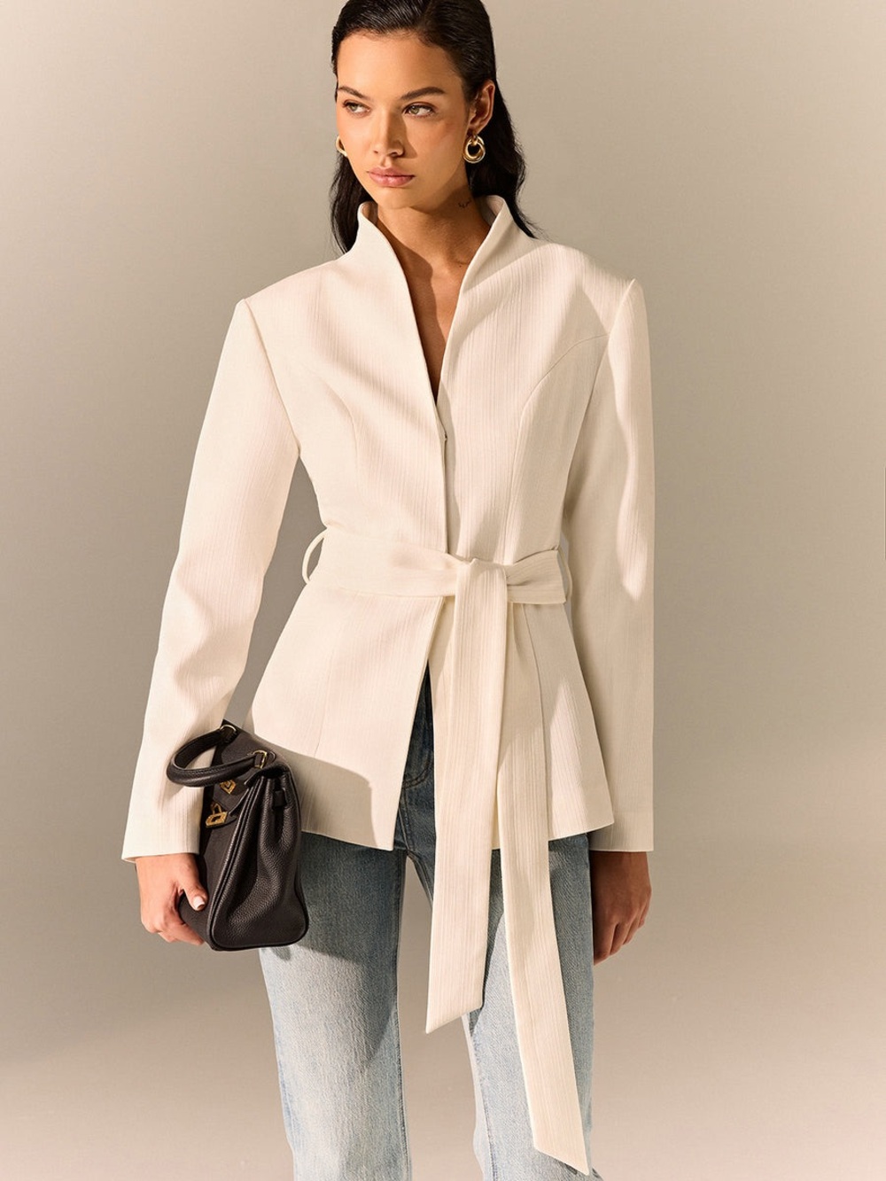 Commense Stand Collar Belted Long Sleeve Blazer - Picture 1 of 4